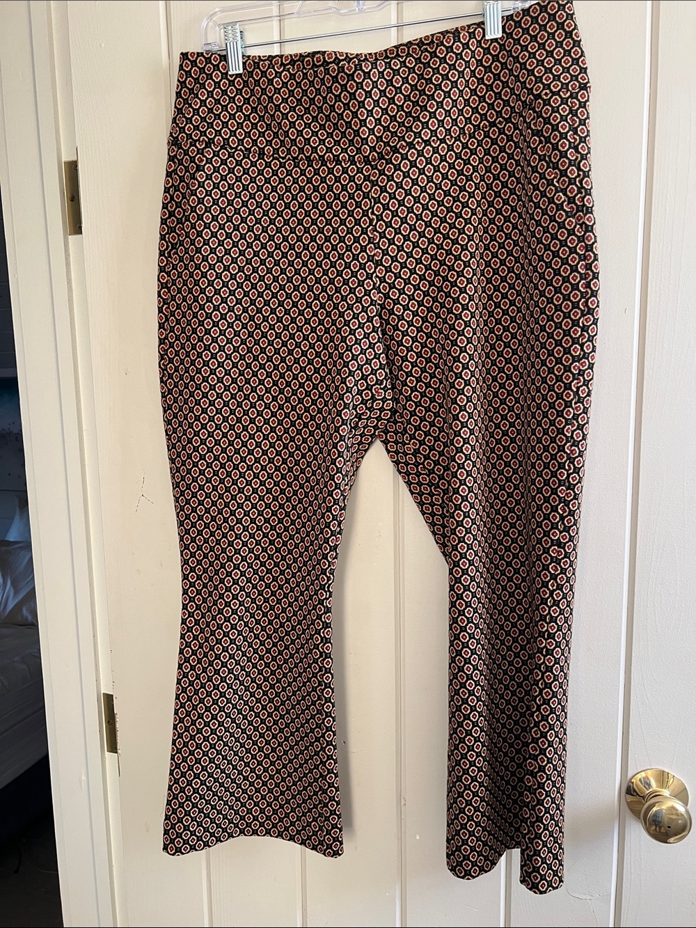 CAbi Black with Pink Geometric Print Boot-Cut Pants